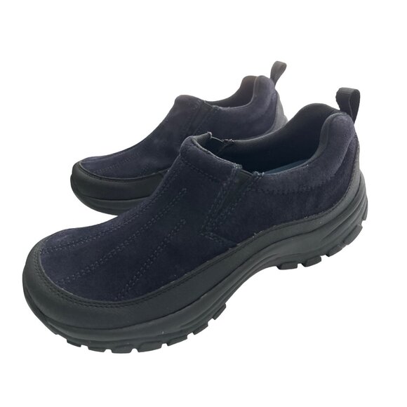Land’s End Suede Mocs Navy Blue Slip On Shoes Embroidered Size 8.5 - Picture 3 of 9